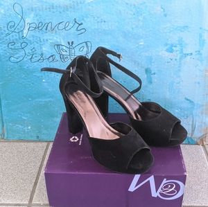 Black open-toe, ankle strap, block heels